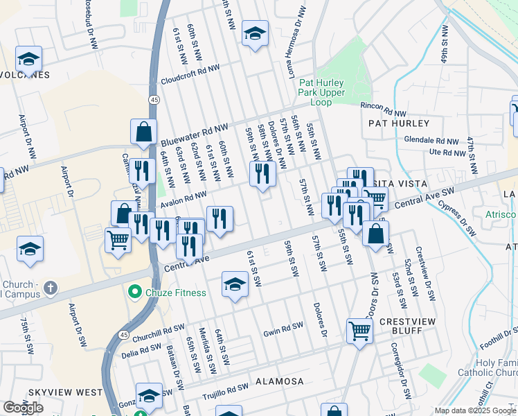 map of restaurants, bars, coffee shops, grocery stores, and more near 5909 Berquist Place Northwest in Albuquerque