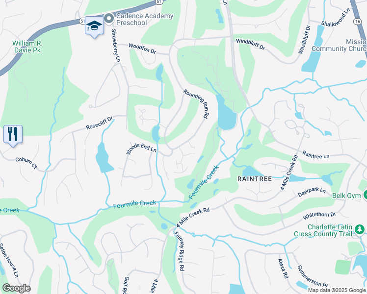 map of restaurants, bars, coffee shops, grocery stores, and more near 4800 Rounding Run Road in Charlotte