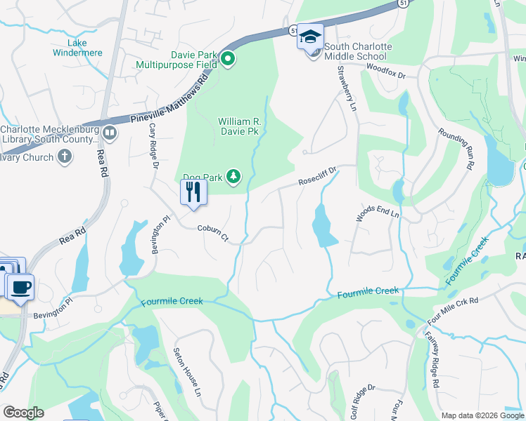 map of restaurants, bars, coffee shops, grocery stores, and more near 4527 Rosecliff Drive in Charlotte