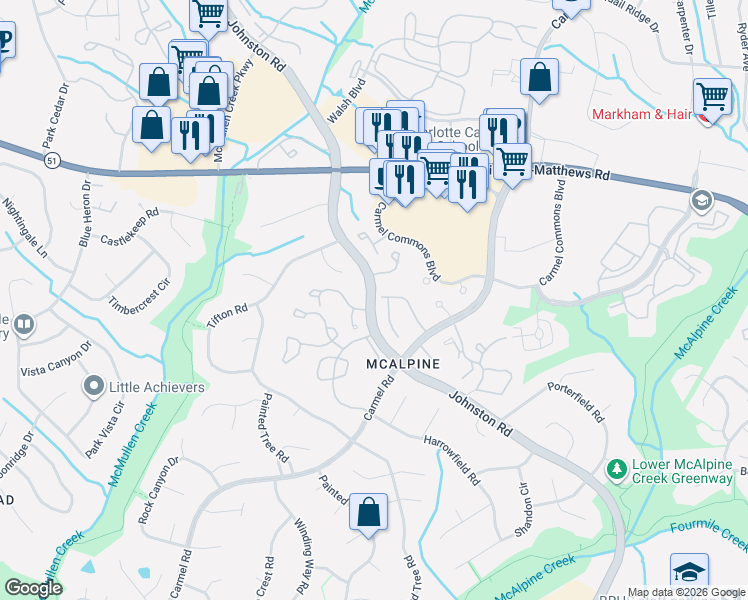 map of restaurants, bars, coffee shops, grocery stores, and more near 1631 Johnston Road in Charlotte