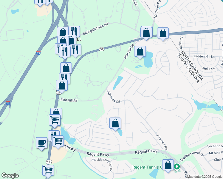 map of restaurants, bars, coffee shops, grocery stores, and more near 321 Flint Hill Road in Fort Mill