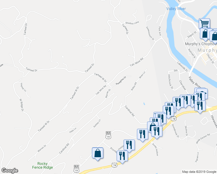 map of restaurants, bars, coffee shops, grocery stores, and more near 58 Warren Drive in Murphy