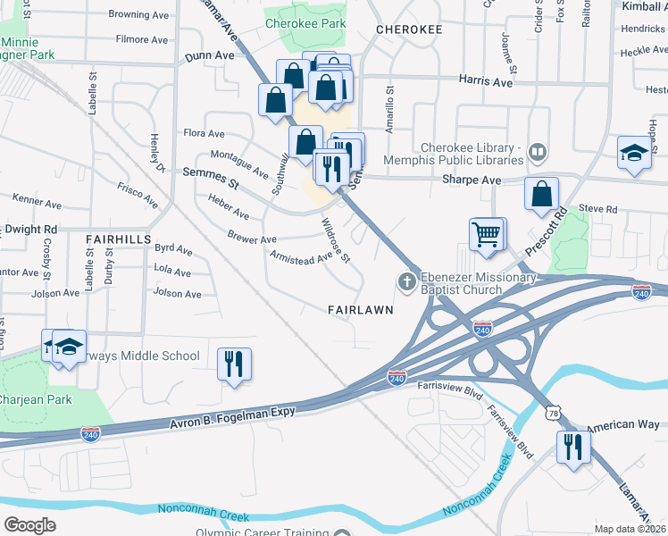map of restaurants, bars, coffee shops, grocery stores, and more near 1773 Wildrose Street in Memphis