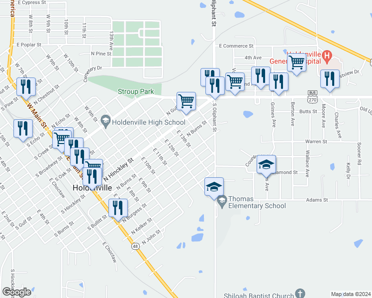 map of restaurants, bars, coffee shops, grocery stores, and more near 701-799 N Burns St in Holdenville