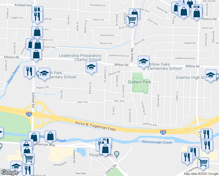 map of restaurants, bars, coffee shops, grocery stores, and more near 1771 Merrycrest Drive in Memphis