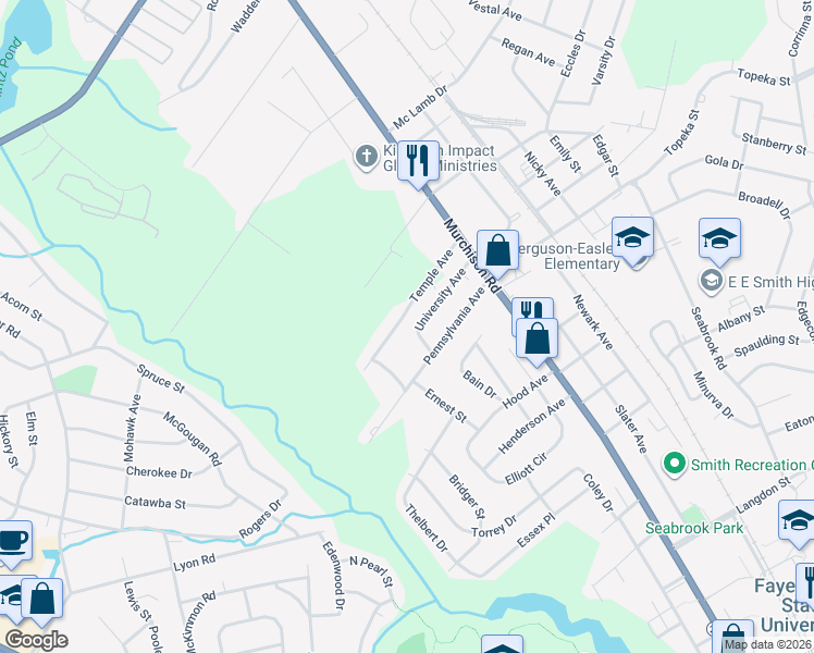 map of restaurants, bars, coffee shops, grocery stores, and more near 213 Temple Avenue in Fayetteville