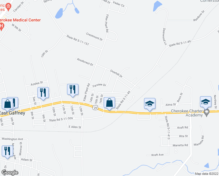 map of restaurants, bars, coffee shops, grocery stores, and more near 117 Crescent Circle in Gaffney