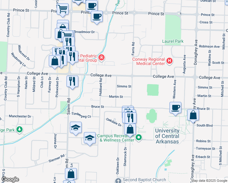 map of restaurants, bars, coffee shops, grocery stores, and more near 385 Denison Street in Conway