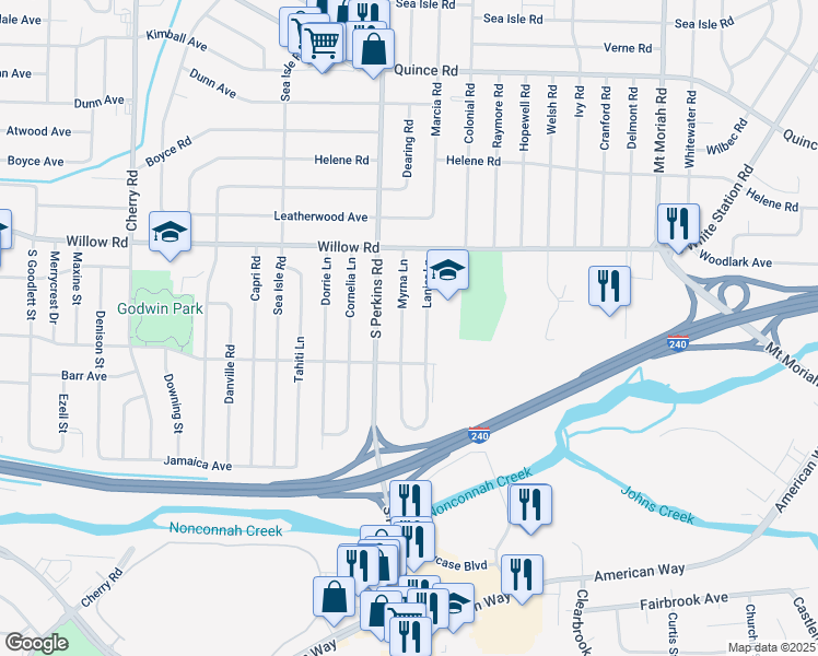 map of restaurants, bars, coffee shops, grocery stores, and more near 1757 Lanier Lane in Memphis