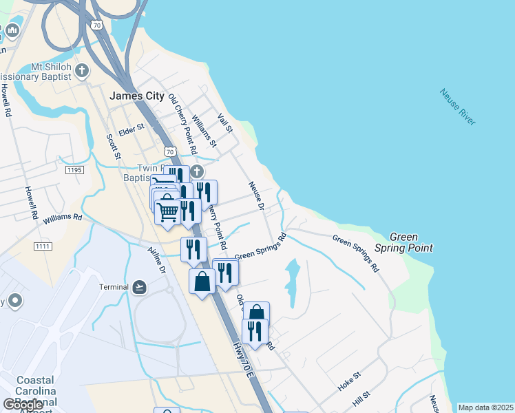 map of restaurants, bars, coffee shops, grocery stores, and more near 903 Neuse Drive in New Bern