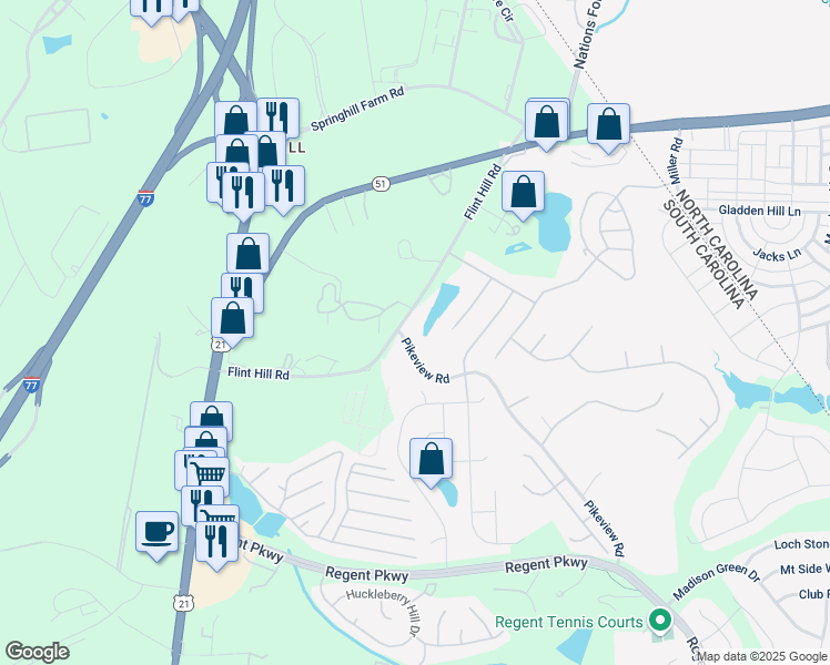 map of restaurants, bars, coffee shops, grocery stores, and more near 321 Flint Hill Road in Fort Mill