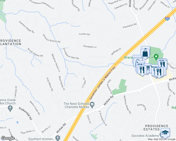 map of restaurants, bars, coffee shops, grocery stores, and more near 2634 Cotton Planter Lane in Charlotte
