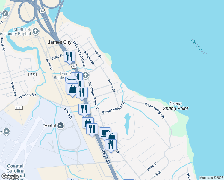 map of restaurants, bars, coffee shops, grocery stores, and more near 903 Neuse Drive in New Bern