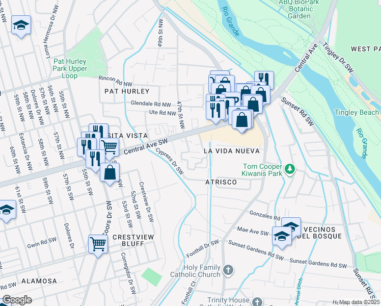 map of restaurants, bars, coffee shops, grocery stores, and more near 4630 La Vida Nueva Del Norte Southwest in Albuquerque