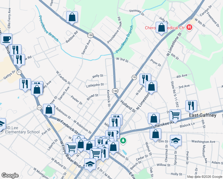 map of restaurants, bars, coffee shops, grocery stores, and more near 709 Davis Street in Gaffney