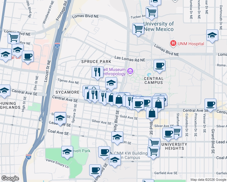map of restaurants, bars, coffee shops, grocery stores, and more near 201 University Boulevard Northeast in Albuquerque