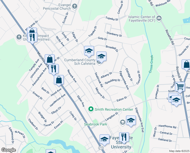 map of restaurants, bars, coffee shops, grocery stores, and more near 1809 Seabrook Road in Fayetteville