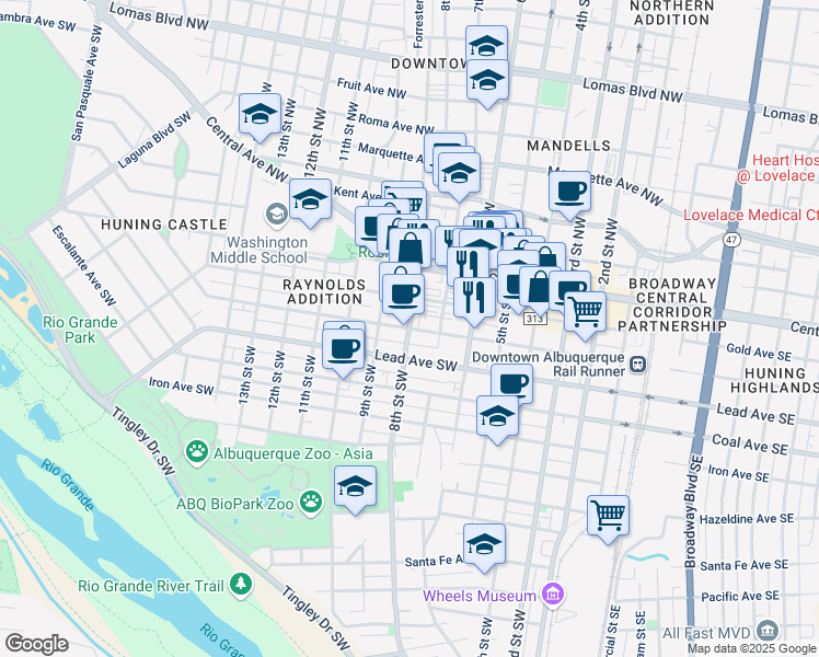 map of restaurants, bars, coffee shops, grocery stores, and more near 800 Silver Avenue Southwest in Albuquerque