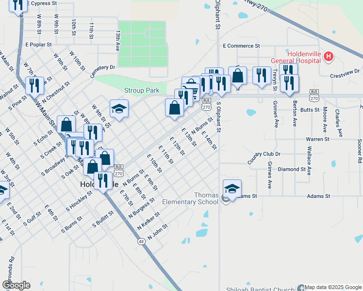 map of restaurants, bars, coffee shops, grocery stores, and more near 701 North Burns Street in Holdenville