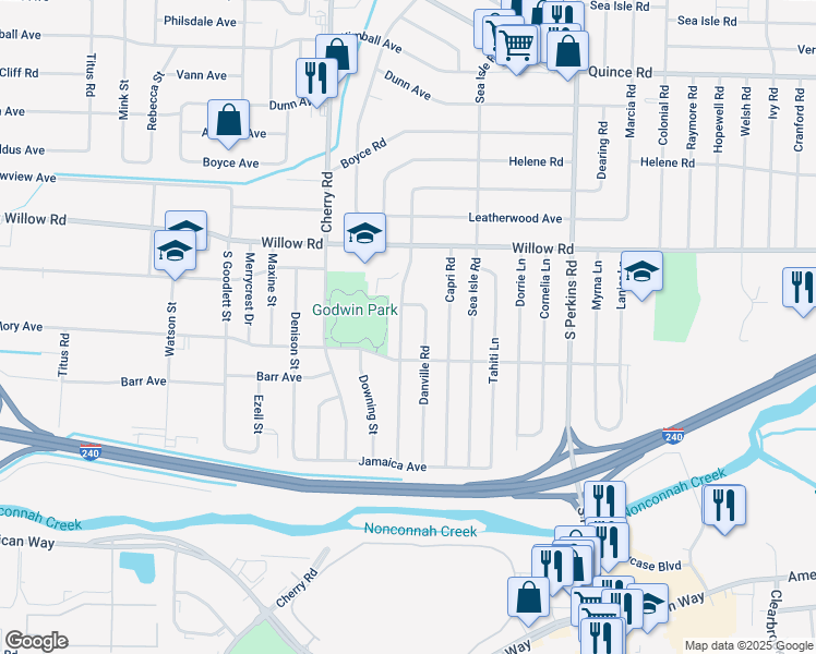 map of restaurants, bars, coffee shops, grocery stores, and more near 1765 Danville Road in Memphis