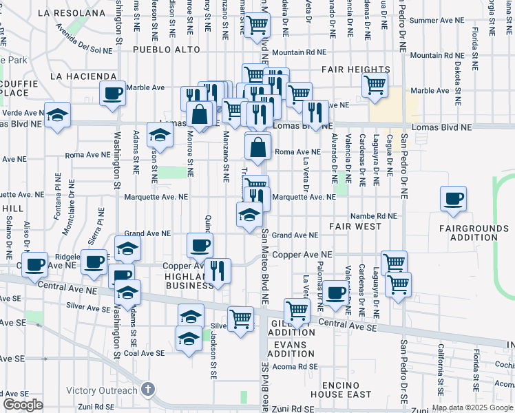 map of restaurants, bars, coffee shops, grocery stores, and more near 334 Truman Street Northeast in Albuquerque