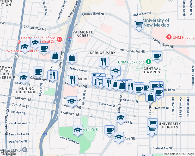 map of restaurants, bars, coffee shops, grocery stores, and more near 206 Sycamore Street Northeast in Albuquerque