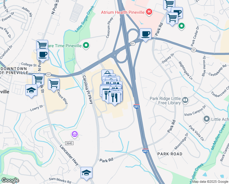map of restaurants, bars, coffee shops, grocery stores, and more near Carolina Place Parkway in Pineville