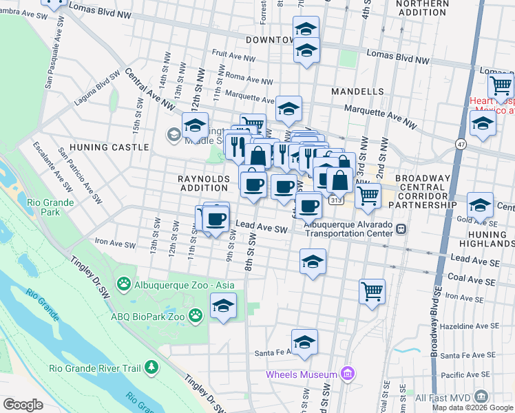 map of restaurants, bars, coffee shops, grocery stores, and more near 8th Street Southwest & Silver Avenue Southwest in Albuquerque