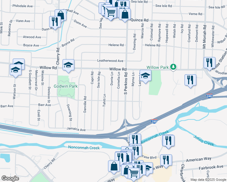 map of restaurants, bars, coffee shops, grocery stores, and more near 1776 Dorrie Lane in Memphis