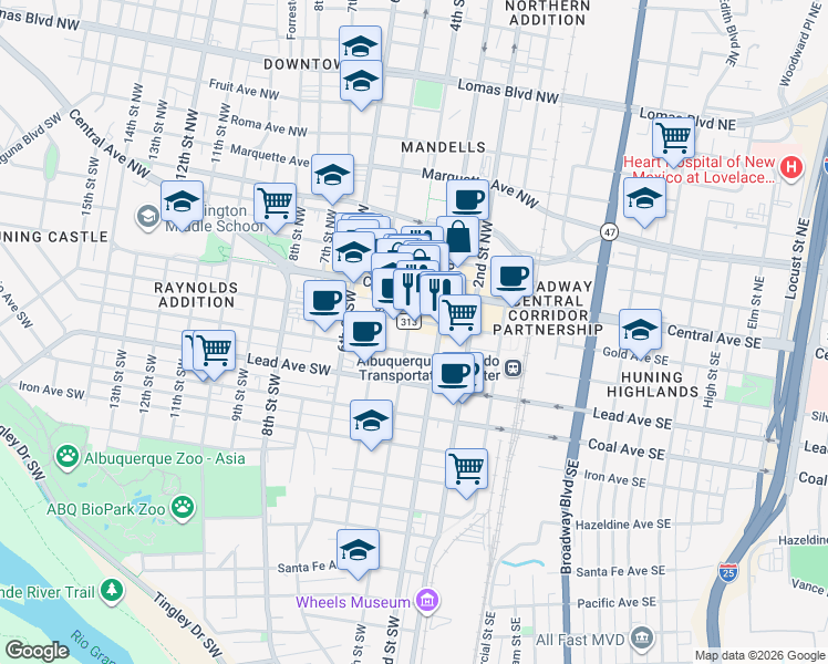 map of restaurants, bars, coffee shops, grocery stores, and more near 317 Gold Avenue Southwest in Albuquerque