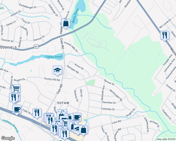 map of restaurants, bars, coffee shops, grocery stores, and more near 1925 Forest Hills Drive in Fayetteville