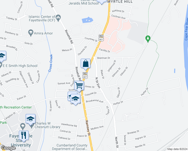 map of restaurants, bars, coffee shops, grocery stores, and more near 1905 North Street in Fayetteville