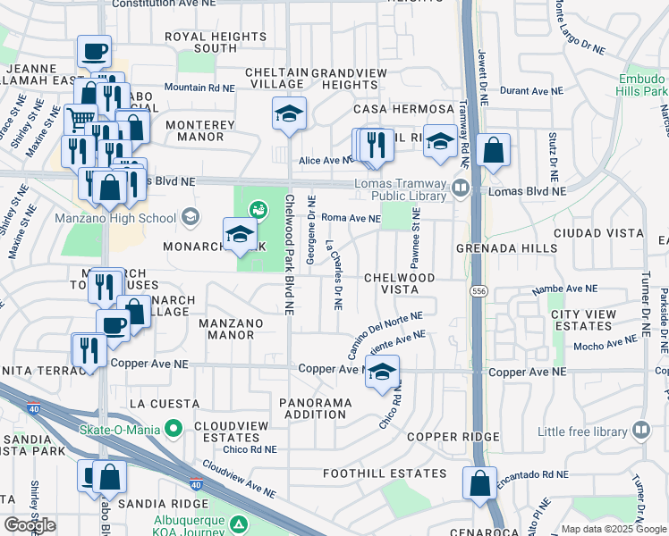 map of restaurants, bars, coffee shops, grocery stores, and more near 12727 San Juan Avenue Northeast in Albuquerque