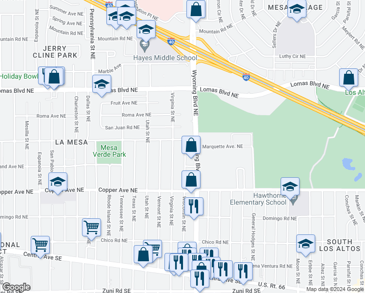 map of restaurants, bars, coffee shops, grocery stores, and more near 555 Wyoming Boulevard Northeast in Albuquerque