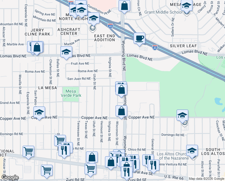 map of restaurants, bars, coffee shops, grocery stores, and more near 547 Virginia Street Northeast in Albuquerque