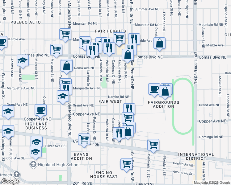 map of restaurants, bars, coffee shops, grocery stores, and more near 417 Laguayra Drive Northeast in Albuquerque