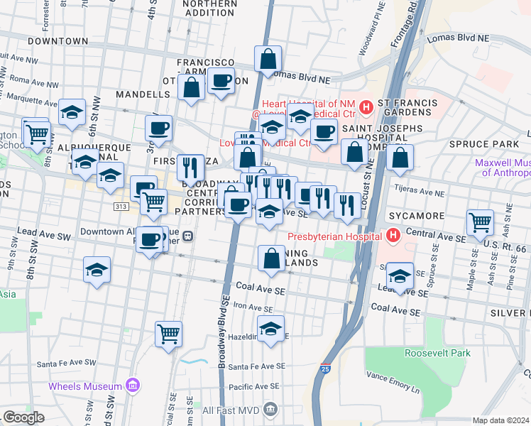 map of restaurants, bars, coffee shops, grocery stores, and more near in Albuquerque