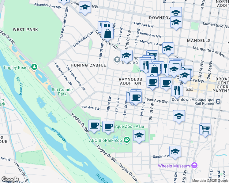 map of restaurants, bars, coffee shops, grocery stores, and more near 1204 Silver Avenue Southwest in Albuquerque