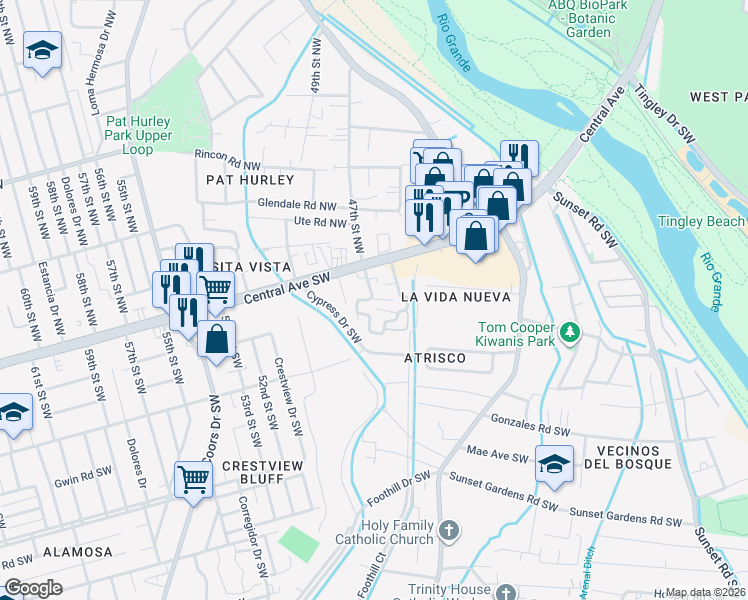 map of restaurants, bars, coffee shops, grocery stores, and more near 123 47th Street Southwest in Albuquerque