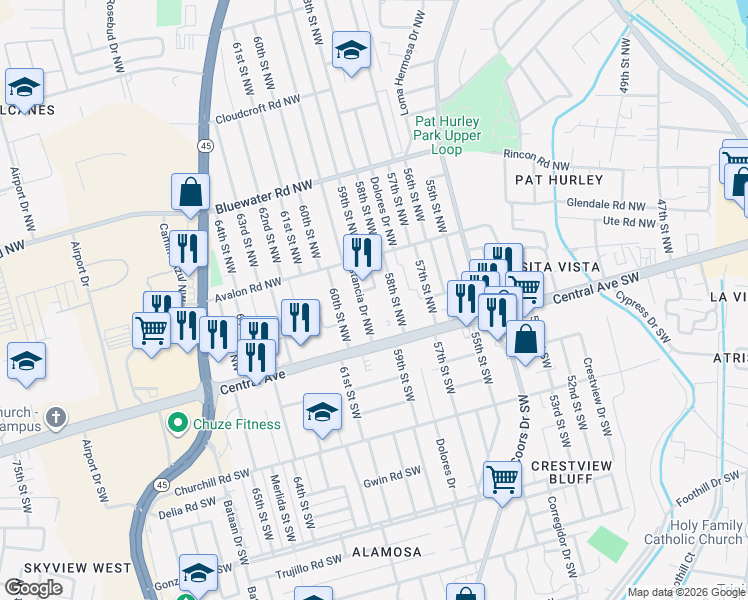 map of restaurants, bars, coffee shops, grocery stores, and more near 5909 Berquist Place Northwest in Albuquerque
