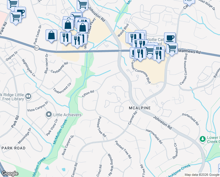 map of restaurants, bars, coffee shops, grocery stores, and more near 11020 Carmel Crossing Road in Charlotte