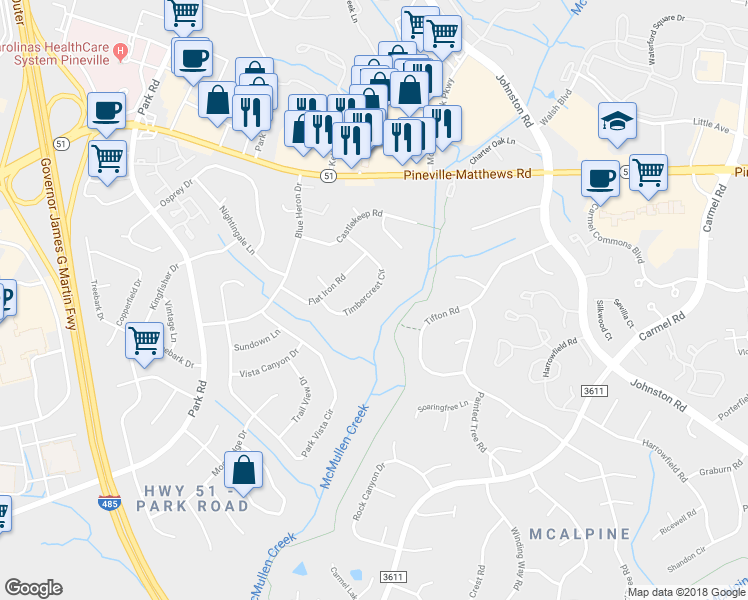 map of restaurants, bars, coffee shops, grocery stores, and more near 8609 Timbercrest Circle in Charlotte