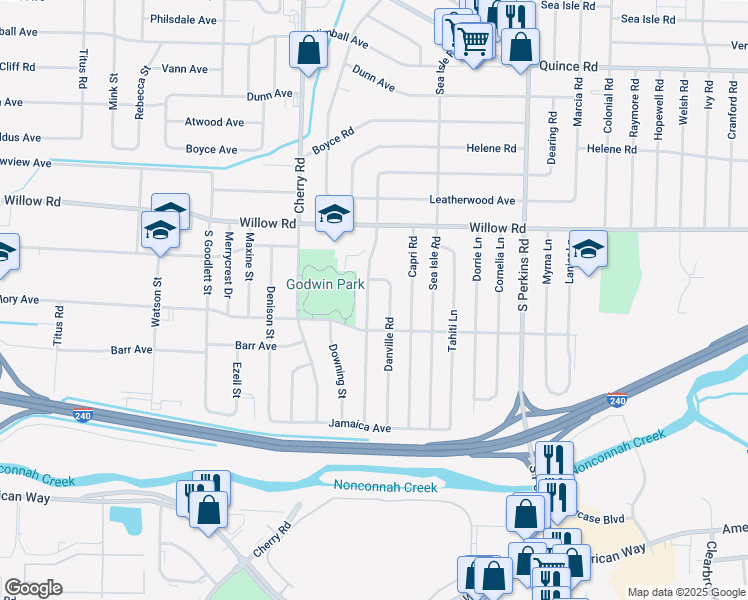 map of restaurants, bars, coffee shops, grocery stores, and more near 1765 Danville Road in Memphis