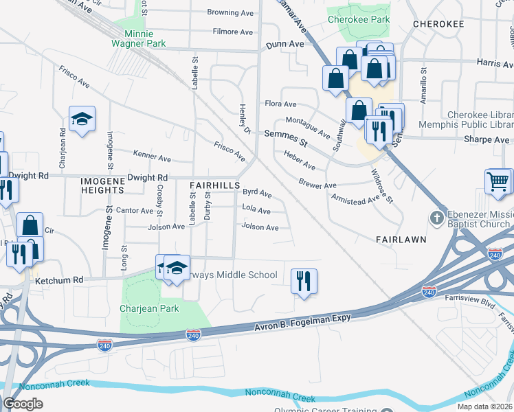 map of restaurants, bars, coffee shops, grocery stores, and more near 2783 Byrd Avenue in Memphis