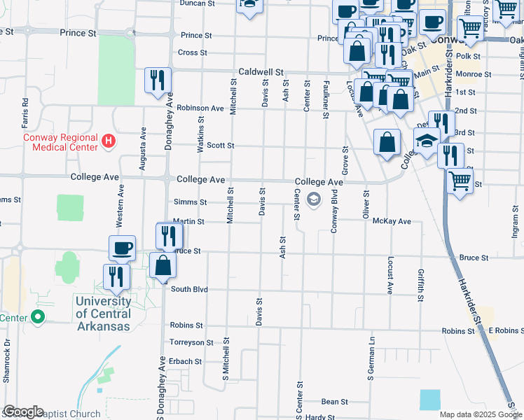 map of restaurants, bars, coffee shops, grocery stores, and more near 1722 Simms Street in Conway