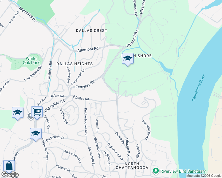 map of restaurants, bars, coffee shops, grocery stores, and more near 1950 Hixson Pike in Chattanooga