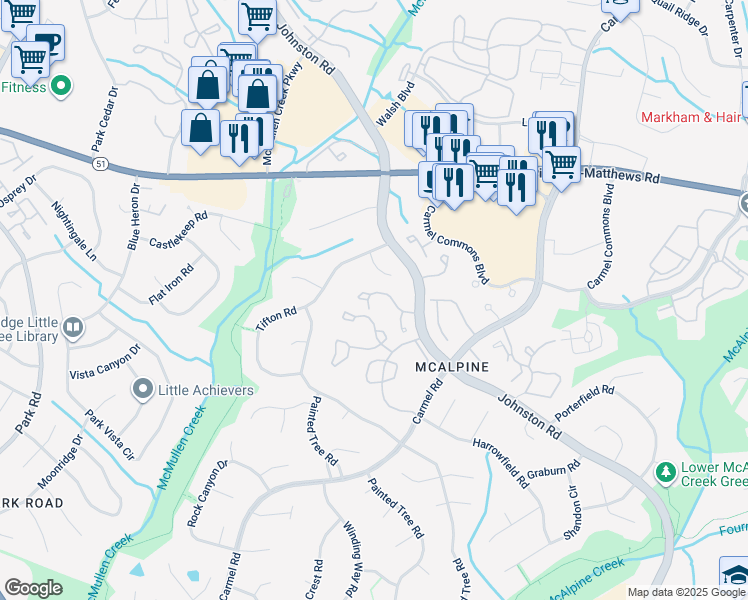 map of restaurants, bars, coffee shops, grocery stores, and more near 11007 Carmel Crossing Road in Charlotte