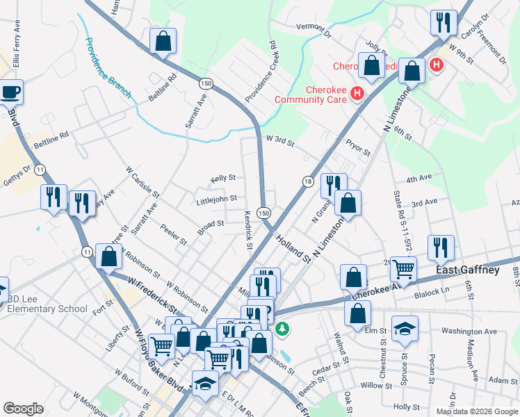 map of restaurants, bars, coffee shops, grocery stores, and more near 312 Martin Street in Gaffney
