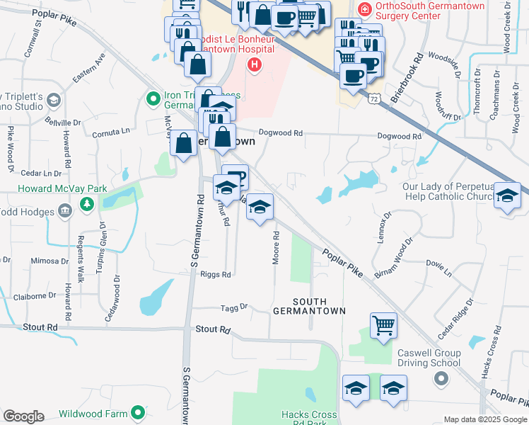 map of restaurants, bars, coffee shops, grocery stores, and more near 7653 Old Poplar Pike in Memphis
