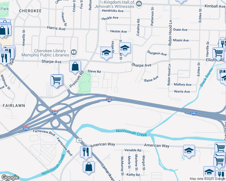map of restaurants, bars, coffee shops, grocery stores, and more near 1757 Morlye Place in Memphis